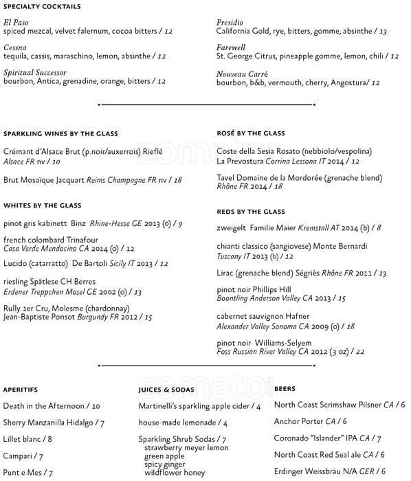 Menu at Rivoli pub & bar, Berkeley