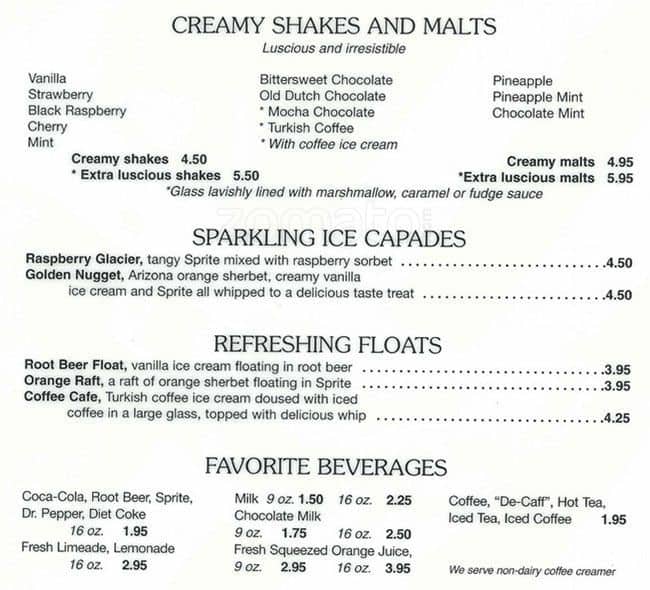 Menu at Sugar Bowl restaurant, Scottsdale