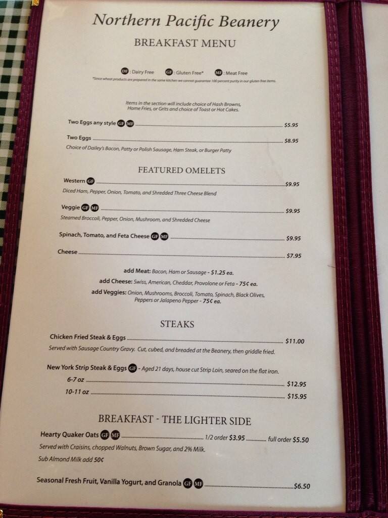 Menu at Northern Pacific Beanery restaurant, Livingston, 108 W Park St