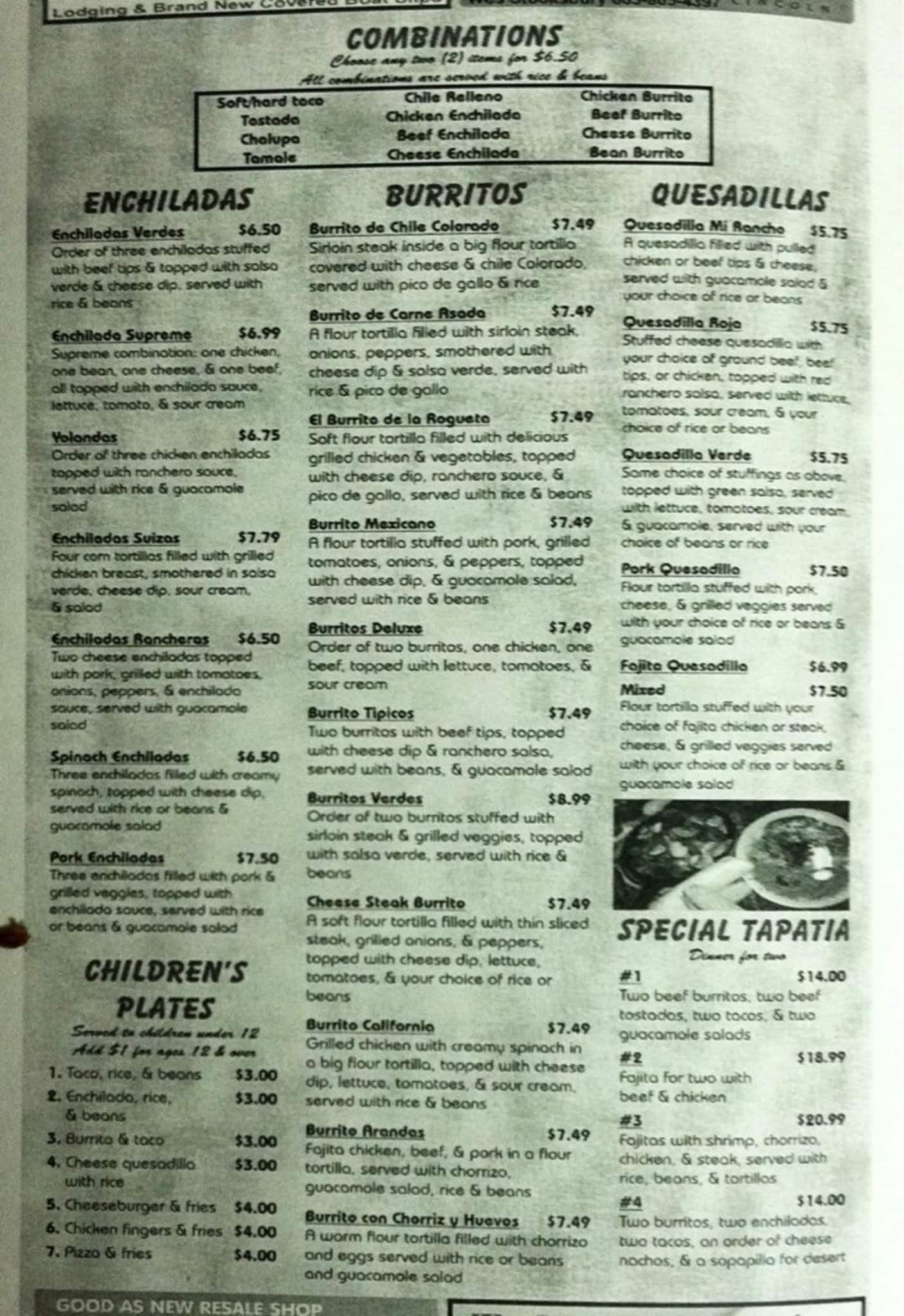 Menu at El Patron restaurant, Rockwood