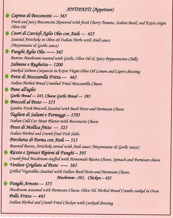 Menu Of Bologna, Indiranagar, Bangalore