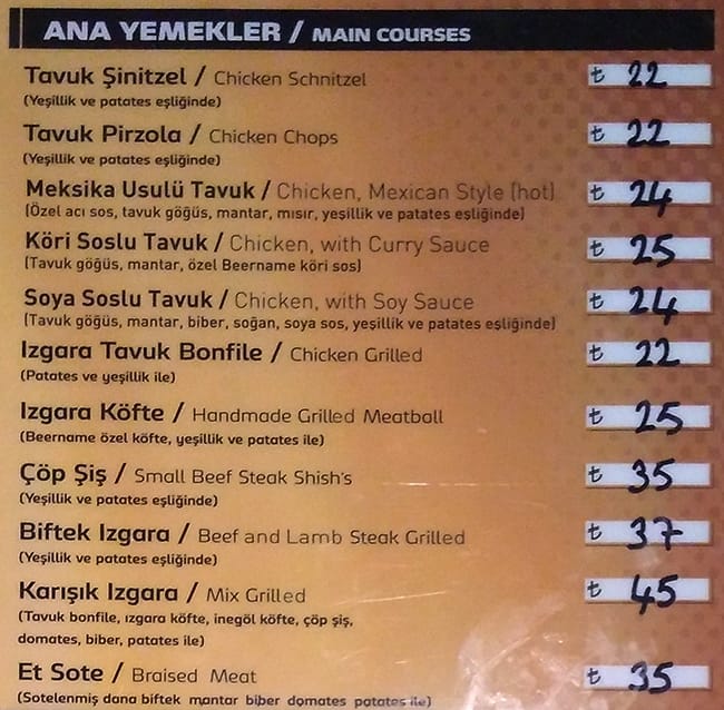 Menu at Beşiktaş Barbaros Coffy, Istanbul