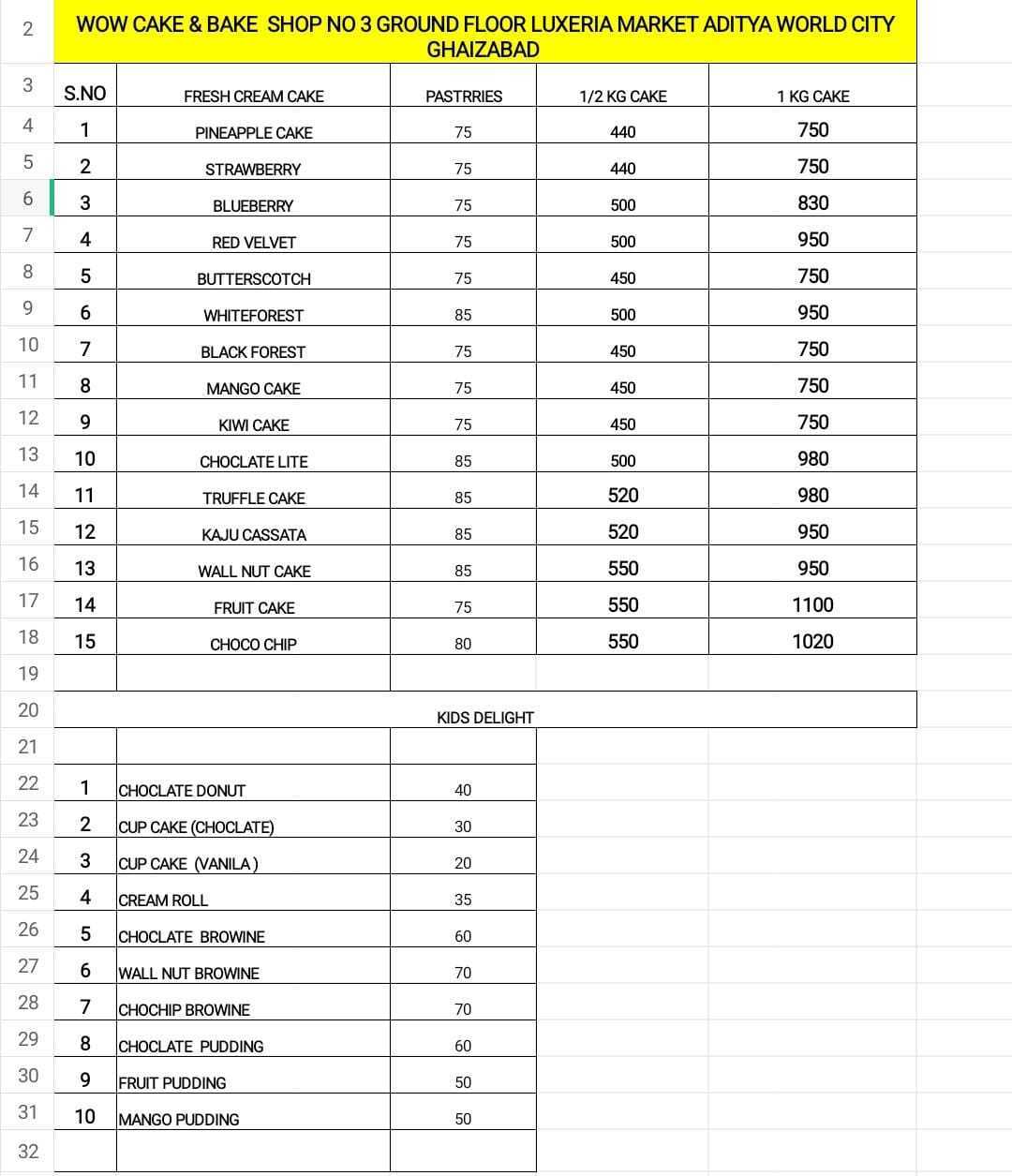 Menu of Wow Cake & Bake, Lal Kuan, Ghaziabad