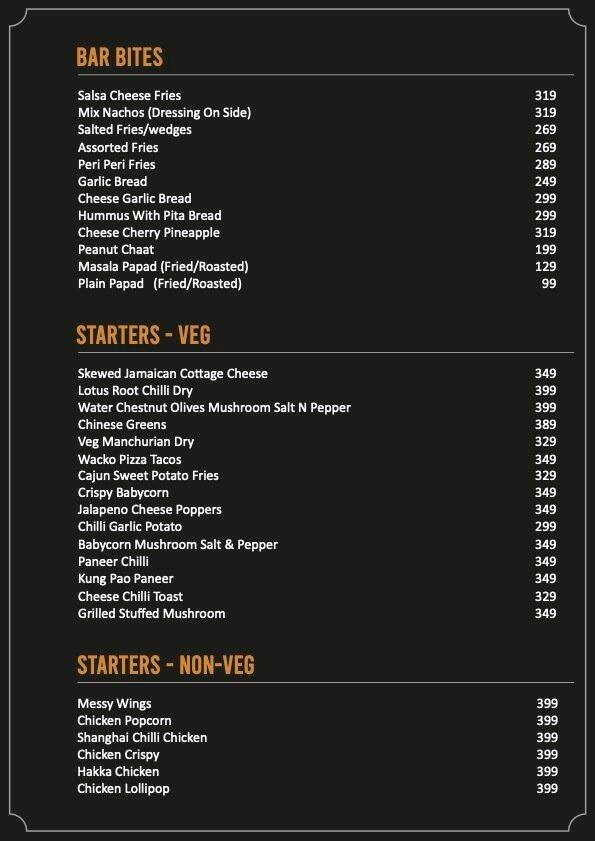 Menu of Zinc Bar & Club, Ghodbunder Road, Thane
