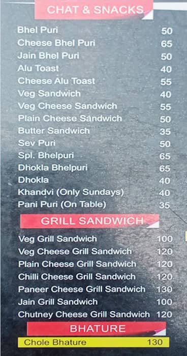 Sri Narsing bhelpuri menu