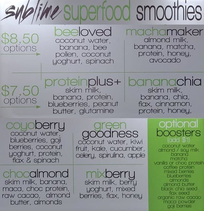 Sublime Cafe & Caterers Richmond menu
