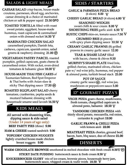 Menu At Murphy s Irish Pub Mandurah