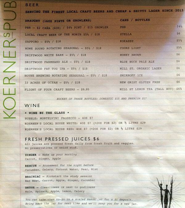 Koerner's Pub Menu, Menu for Koerner's Pub, UBC, Vancouver Urbanspoon