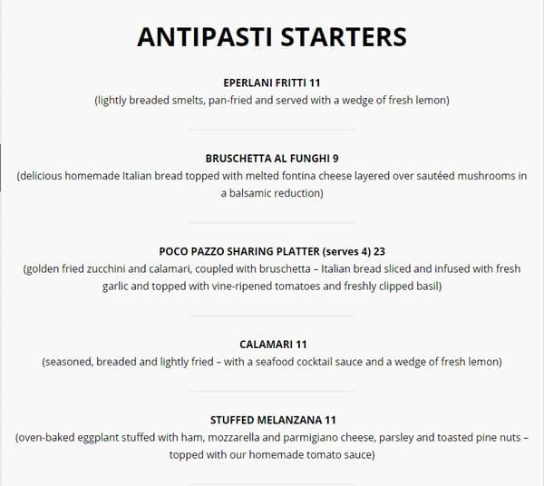 Pocopazzo stittsville-Hazeldean rd menu