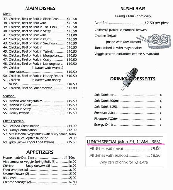 Sunnys Noodle & Sushi Bar Menu Urbanspoon/Zomato