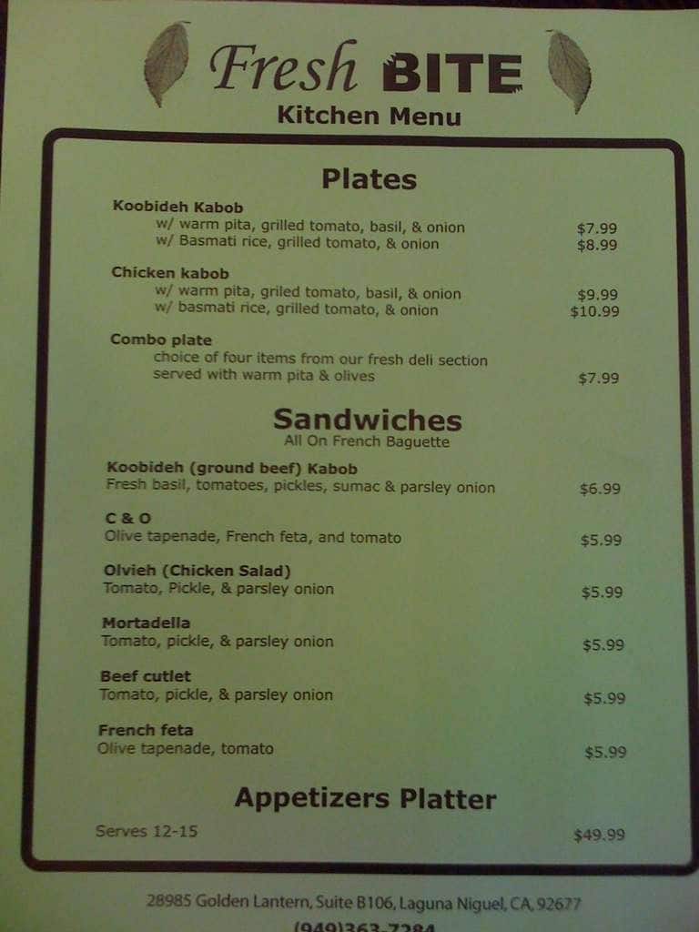 Fresh Bite Menu, Menu for Fresh Bite, Laguna Niguel, Orange County