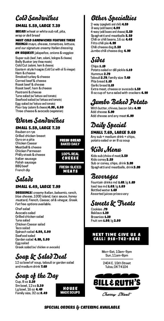 Menu at Bill & Ruth's Cherry Street restaurant, Tulsa, E 15th St