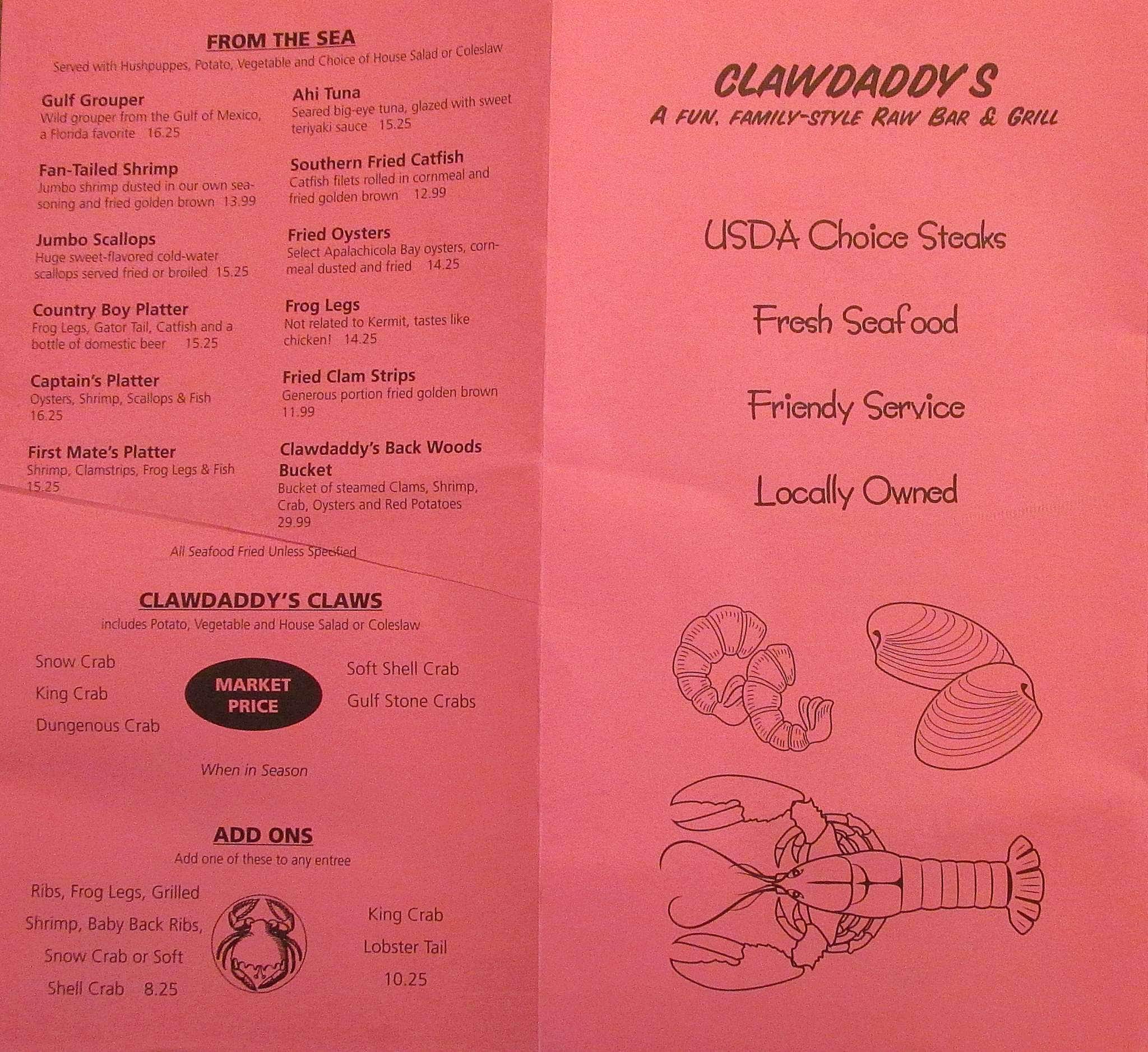 Menu at Claw Daddy's Raw Bar & Grill, Crystal River