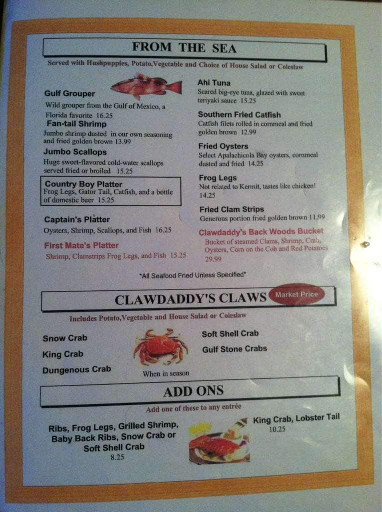 Menu at Claw Daddy's Raw Bar & Grill, Crystal River