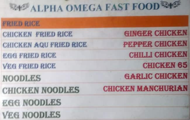 Menu of Alpha Omega Fast Food Padur Chennai