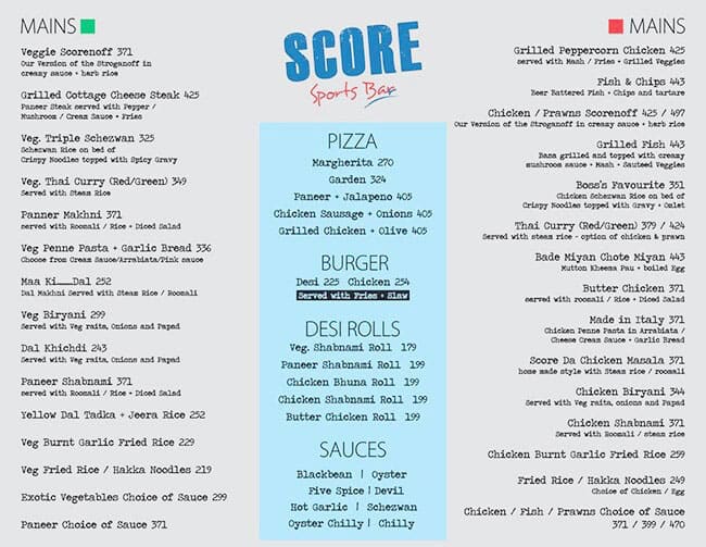 Menu at Score Sports Bar, Mumbai, 107 Palm Spring