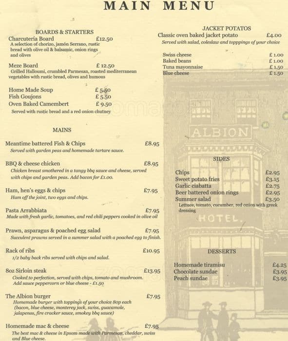 Menu at The Albion pub & bar, Epsom, 134 High Street