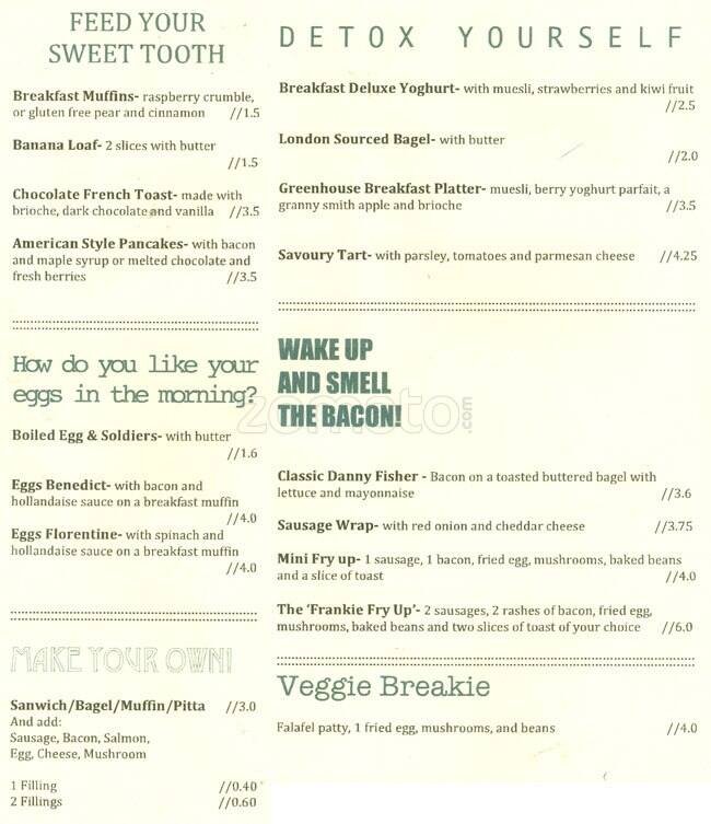 Menu at Greenhouse Cafe, Birmingham