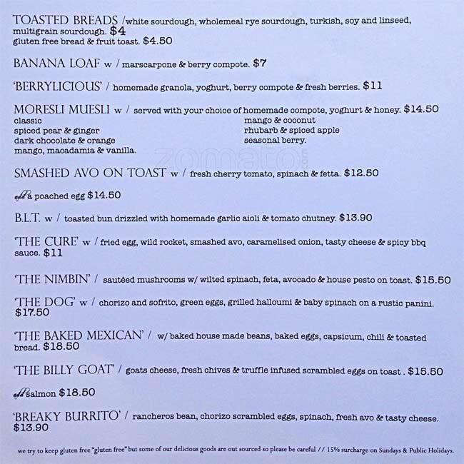 Bread & Butter Menu, Menu for Bread & Butter, Cremorne, Sydney
