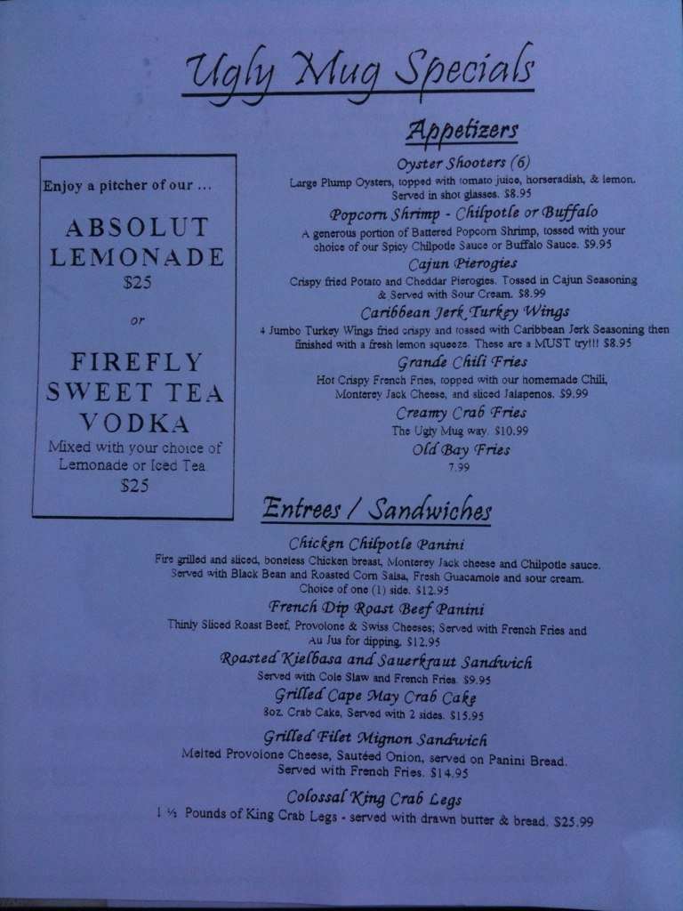 Menu at Ugly Mug pub & bar, Cape May