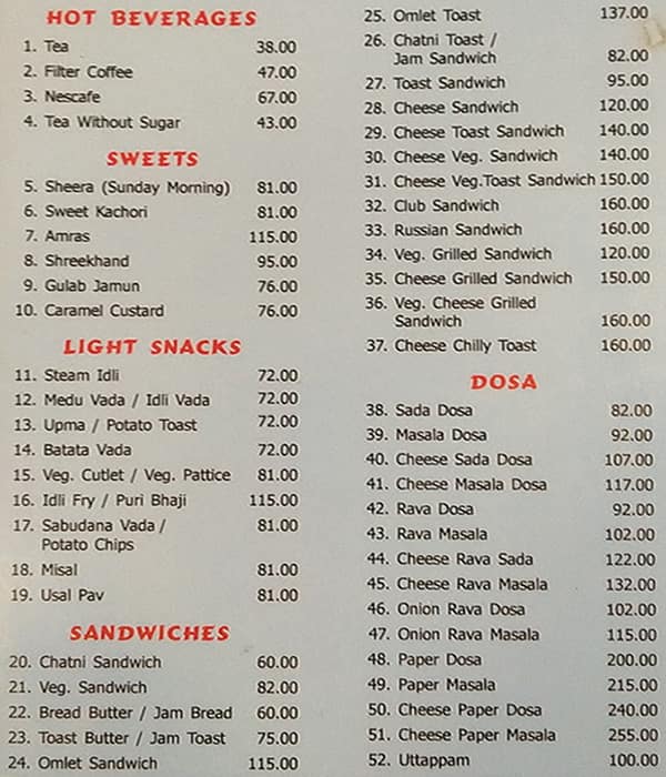 Menu Of Shobha, Mahim, Mumbai