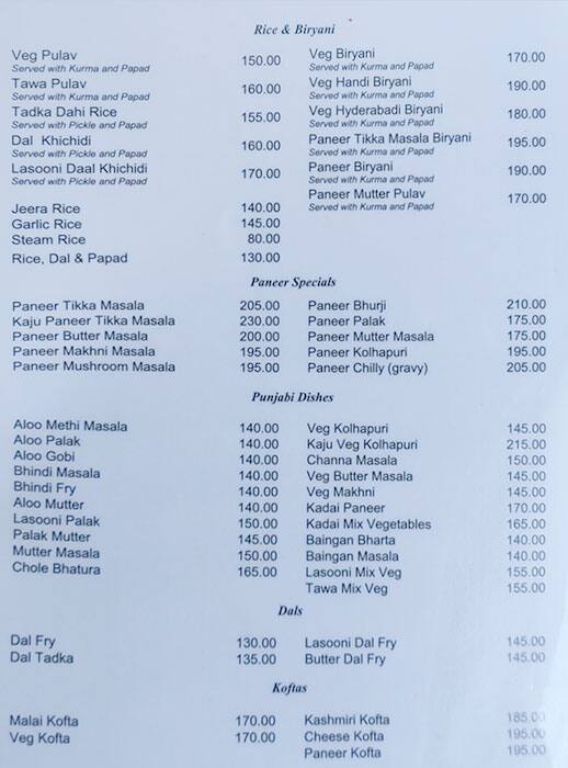 Visawa Restaurant menu