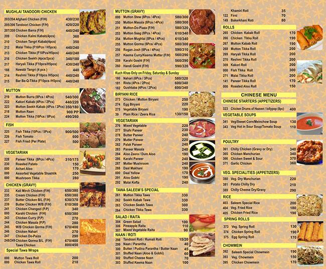 SALEEM'S RESTAURANT menu