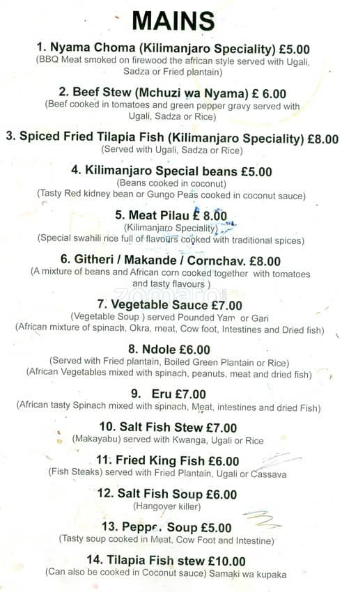 Kilimanjaro Restaurant Menu Price List In Nigeria