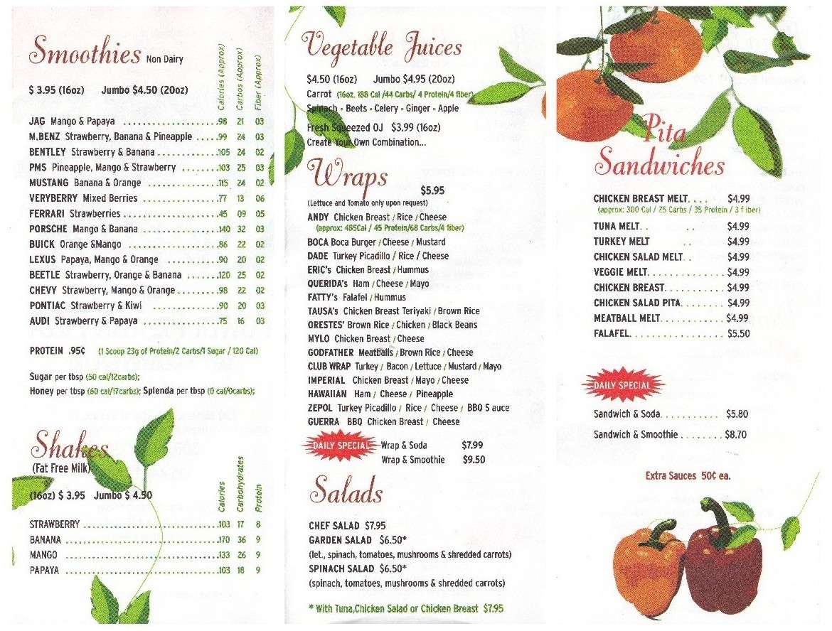 Menu at Gables Juice Bar & Power Protein Pizza, Miami