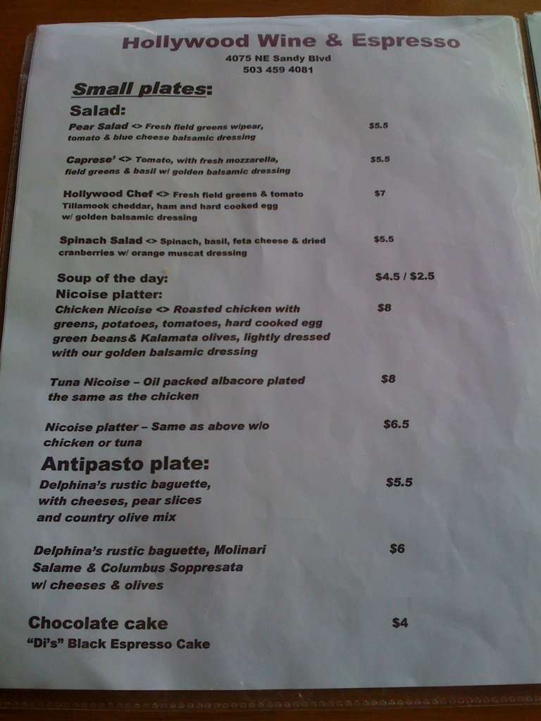Carta de Bar Hollywood