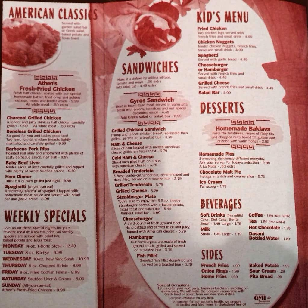 Menu At Athens Steakhouse, Franklin, Northwood Plaza