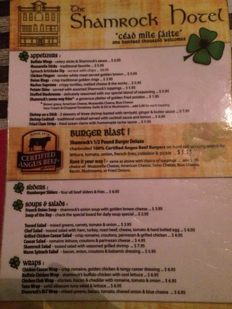 Shamrock Hotel Menu, Menu for Shamrock Hotel, Suffern, Hudson Valley