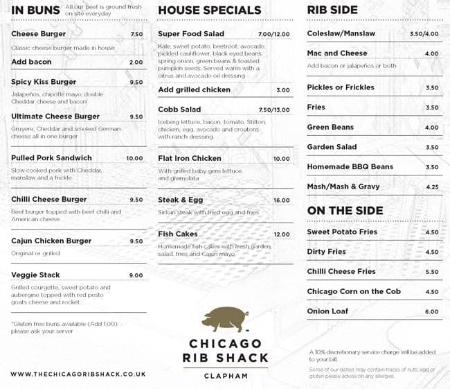 Menu at Chicago Rib Shack Clapham BBQ, London, Arch 642