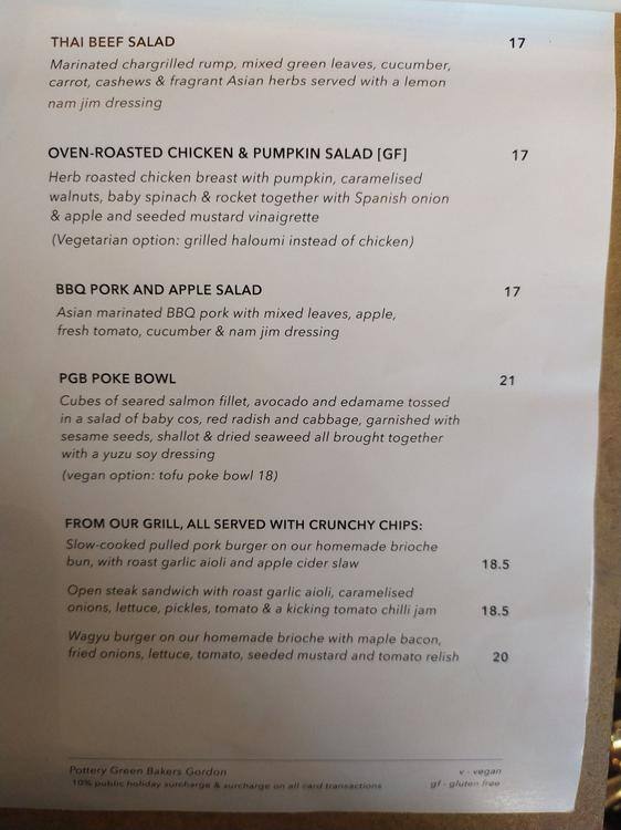 Carta del café Pottery Green Bakers Lane Cove, Lane Cove