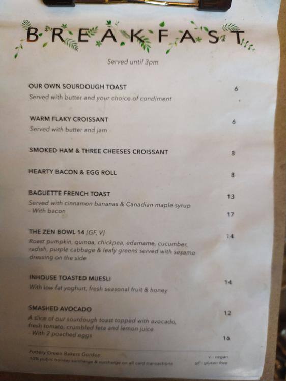 Menu at Pottery Green Bakers cafe, Gordon