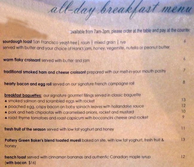 Pottery Green Bakers Menu, Menu for Pottery Green Bakers, Gordon