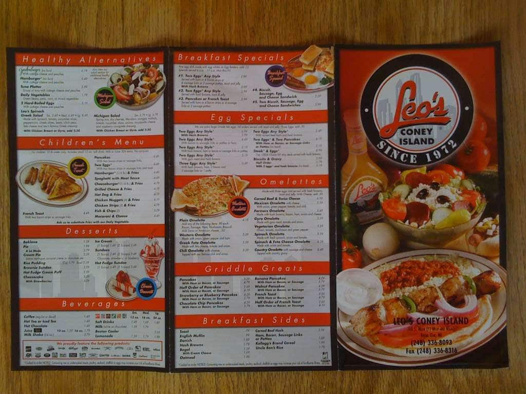 Menu at Leo's Coney Island (Downtown Royal Oak) restaurant, Royal Oak