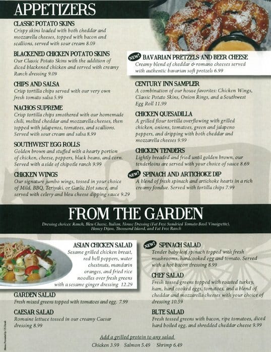 Menu at Century Inn pub & bar, Cincinnati, Springfield Pike