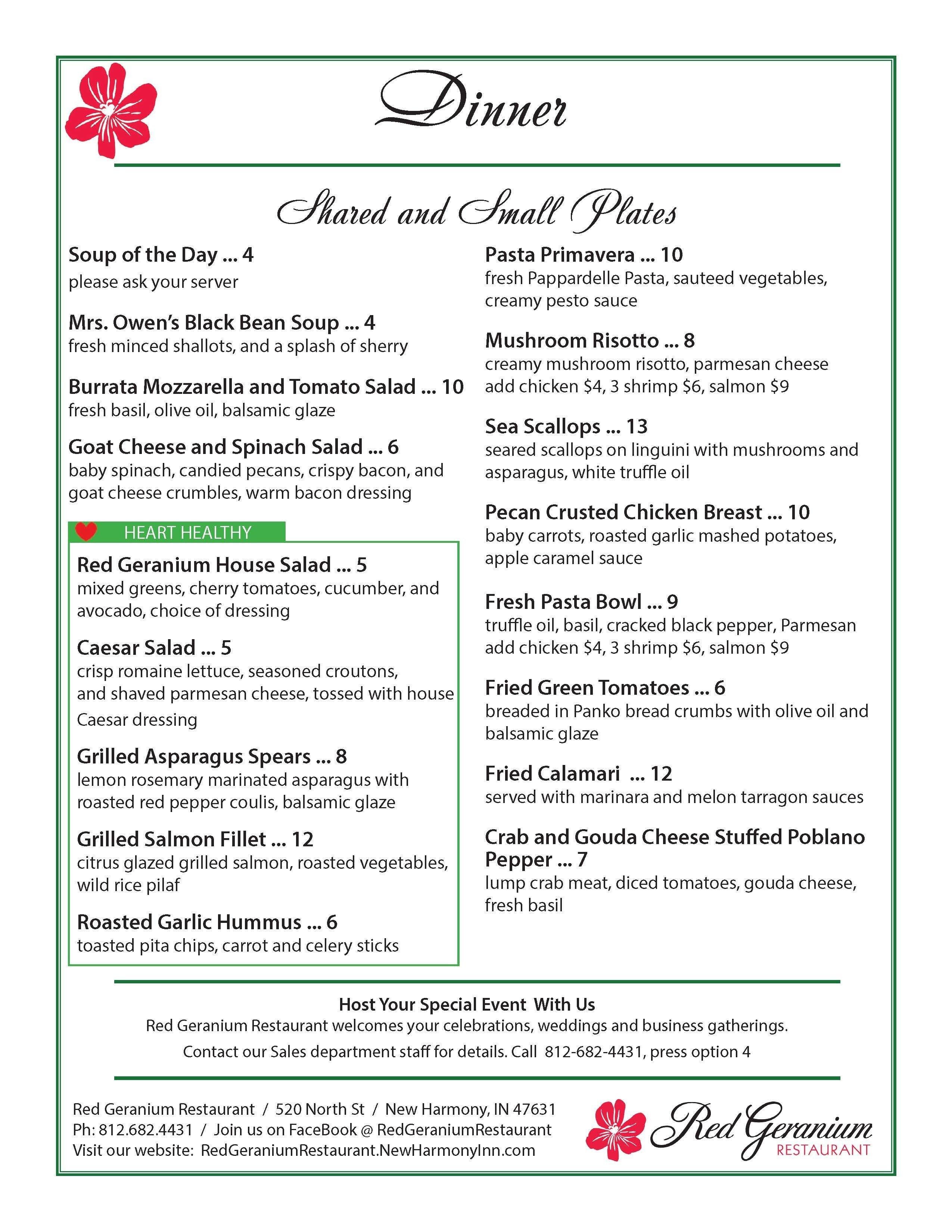 Red Geranium Restaurant Menü, Red Geranium Restaurant, New Harmony