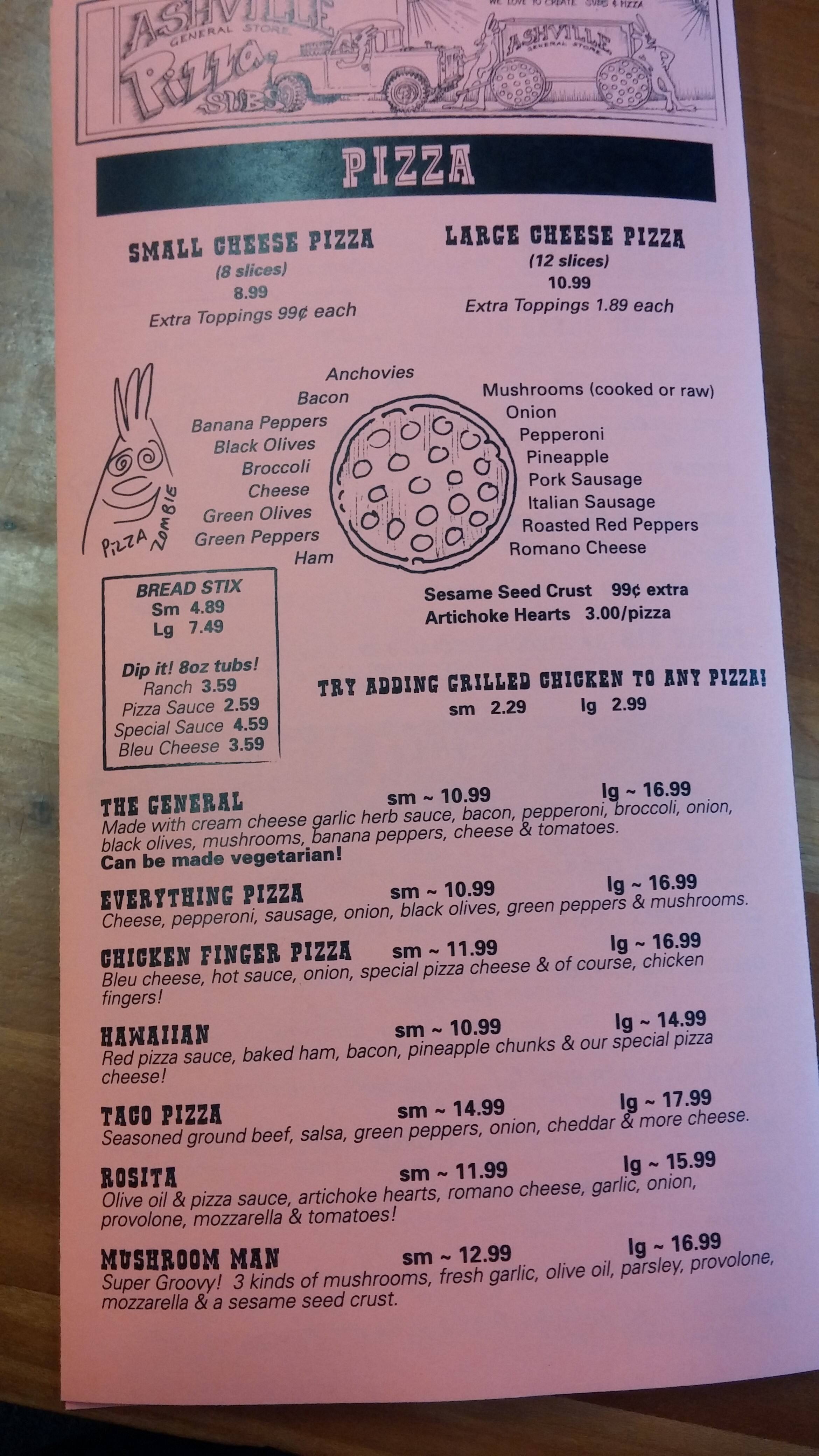 Menu at Ashville General Store pizzeria, Lakewood, NY474