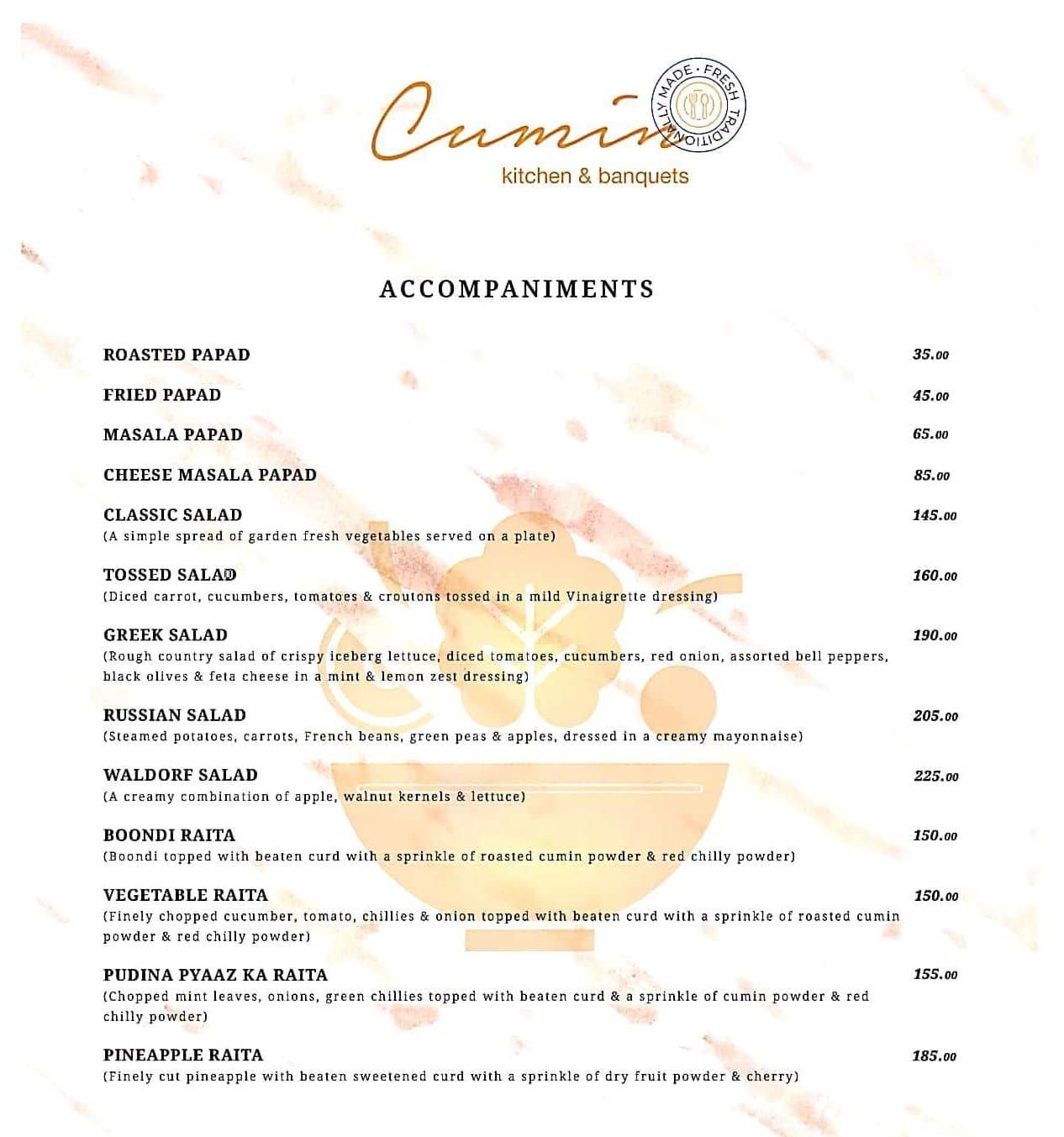 Menu of Cumin Kitchen & Banquets, Dumas, Surat
