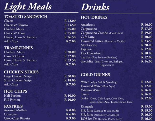 The Coffee Crate menu, Menu restauracji The Coffee Crate, Bryanston