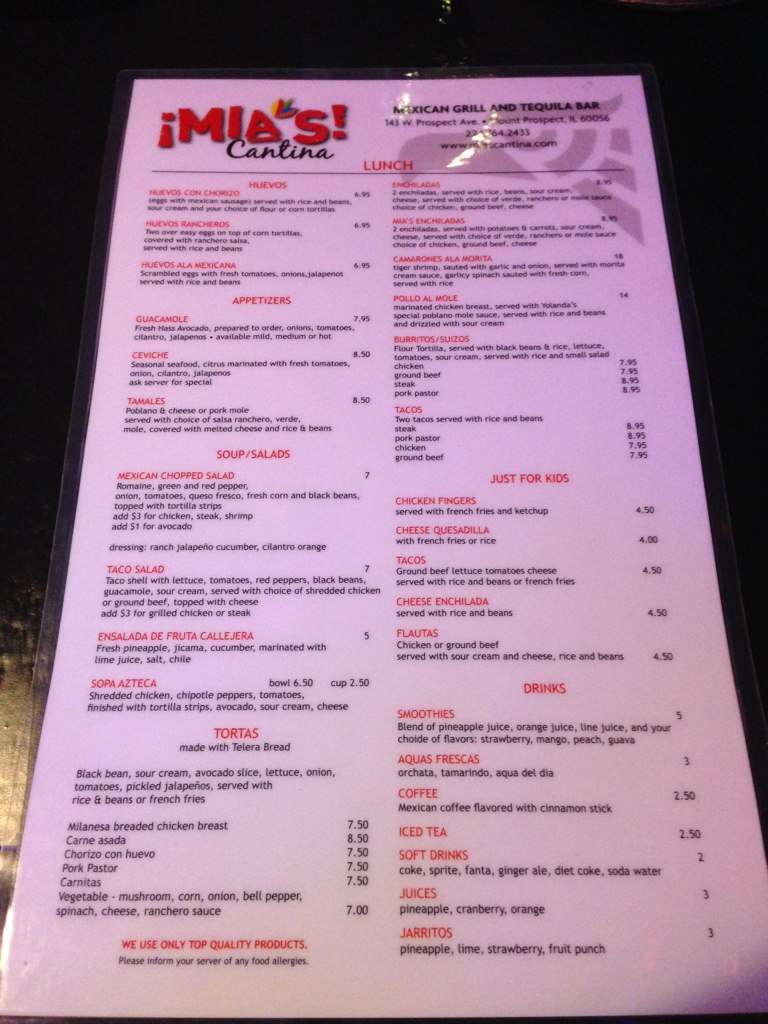 Mia's Cantina Menu, Menu for Mia's Cantina, Mount Prospect, Chicago