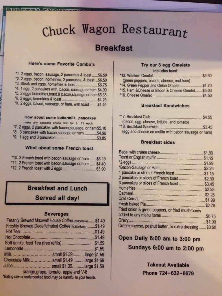 Menu at Chuck Wagon Restaurant, Centerville, 680 National Pike W