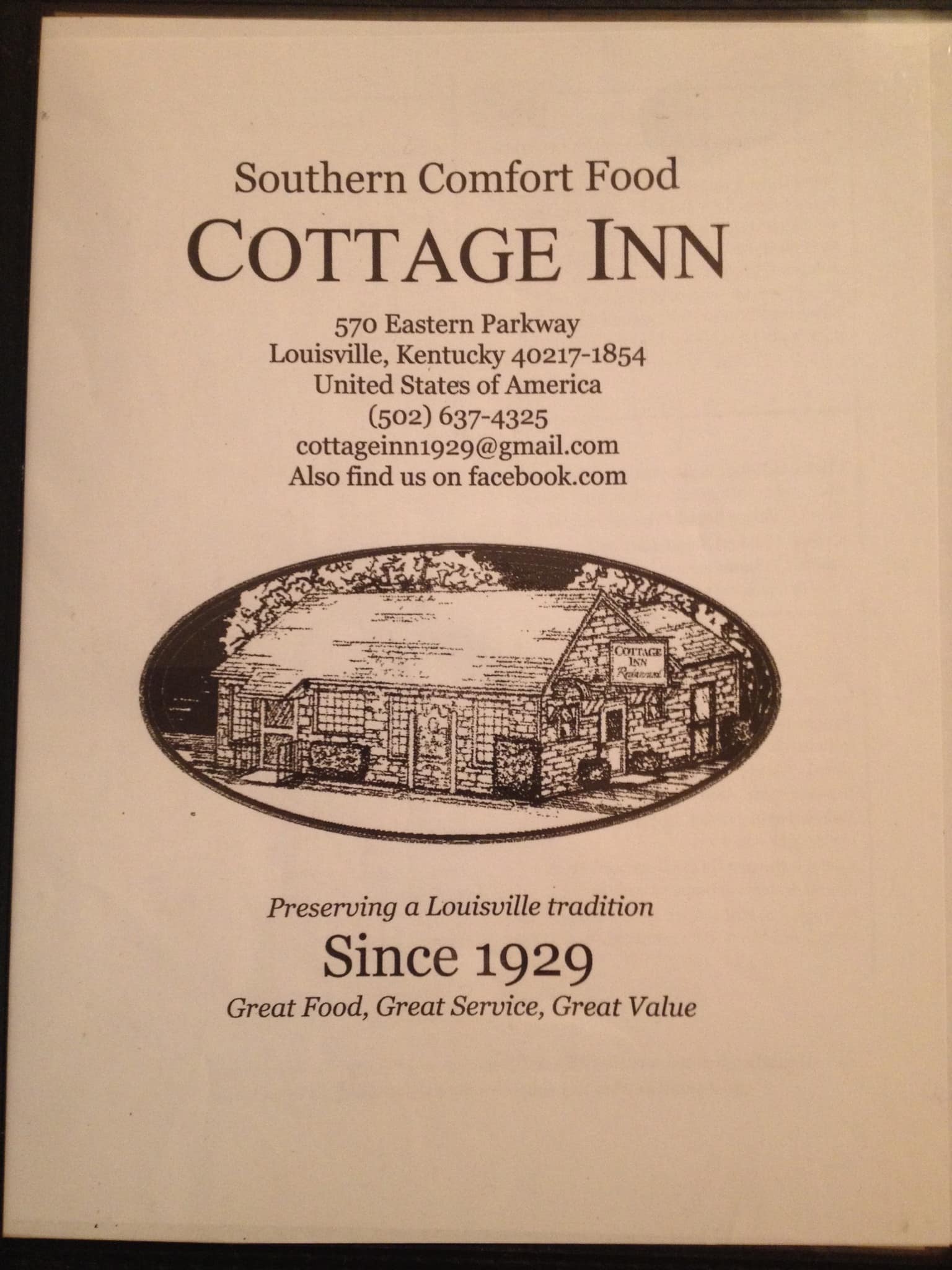 Menu at Cottage Inn restaurant, Louisville