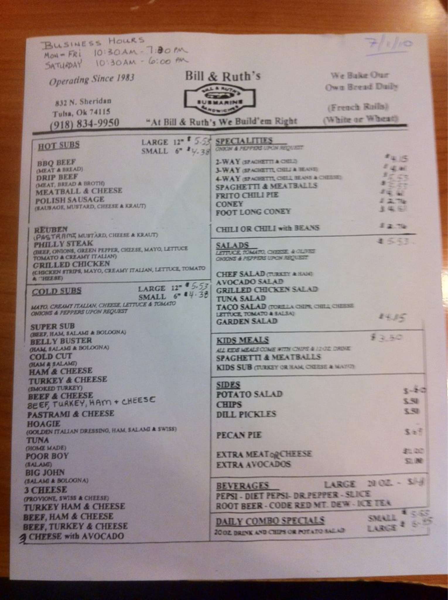 Bill Ruth s Subs Menu Urbanspoon Zomato