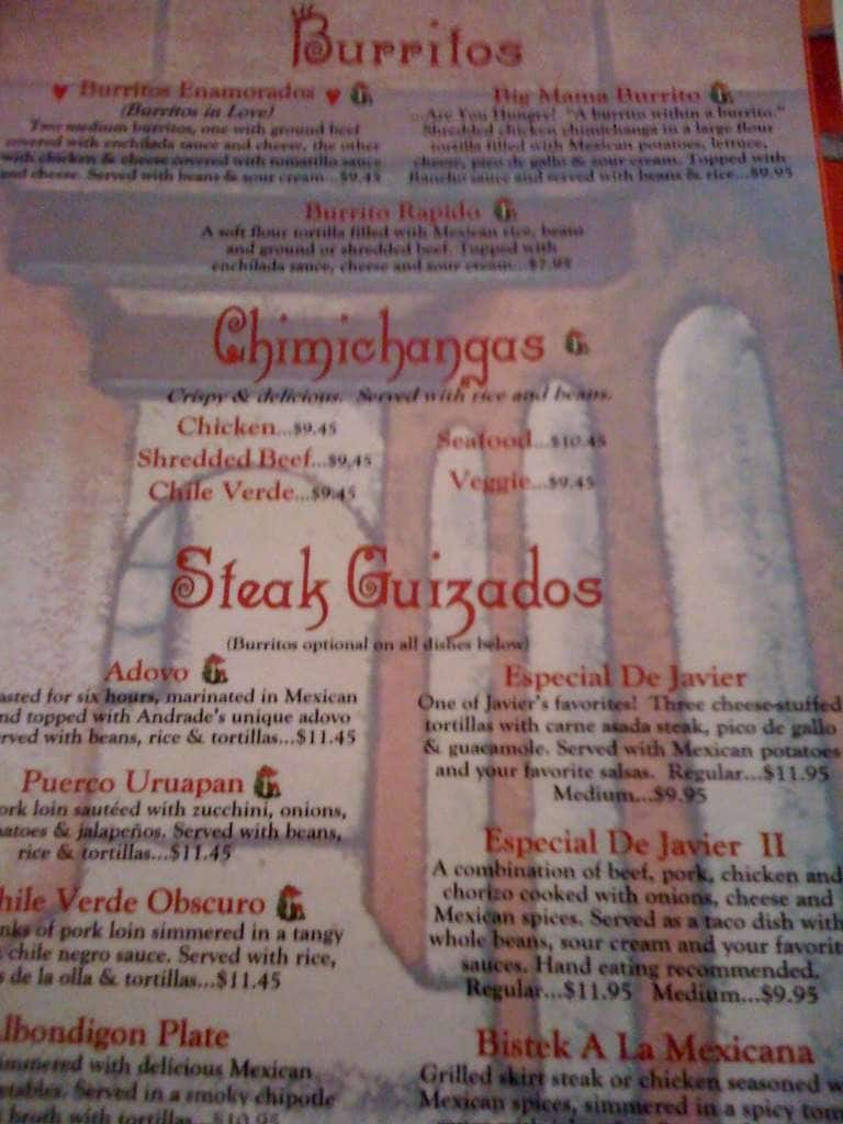 Menu at Andrade's Restaurante Mexicano, Boise