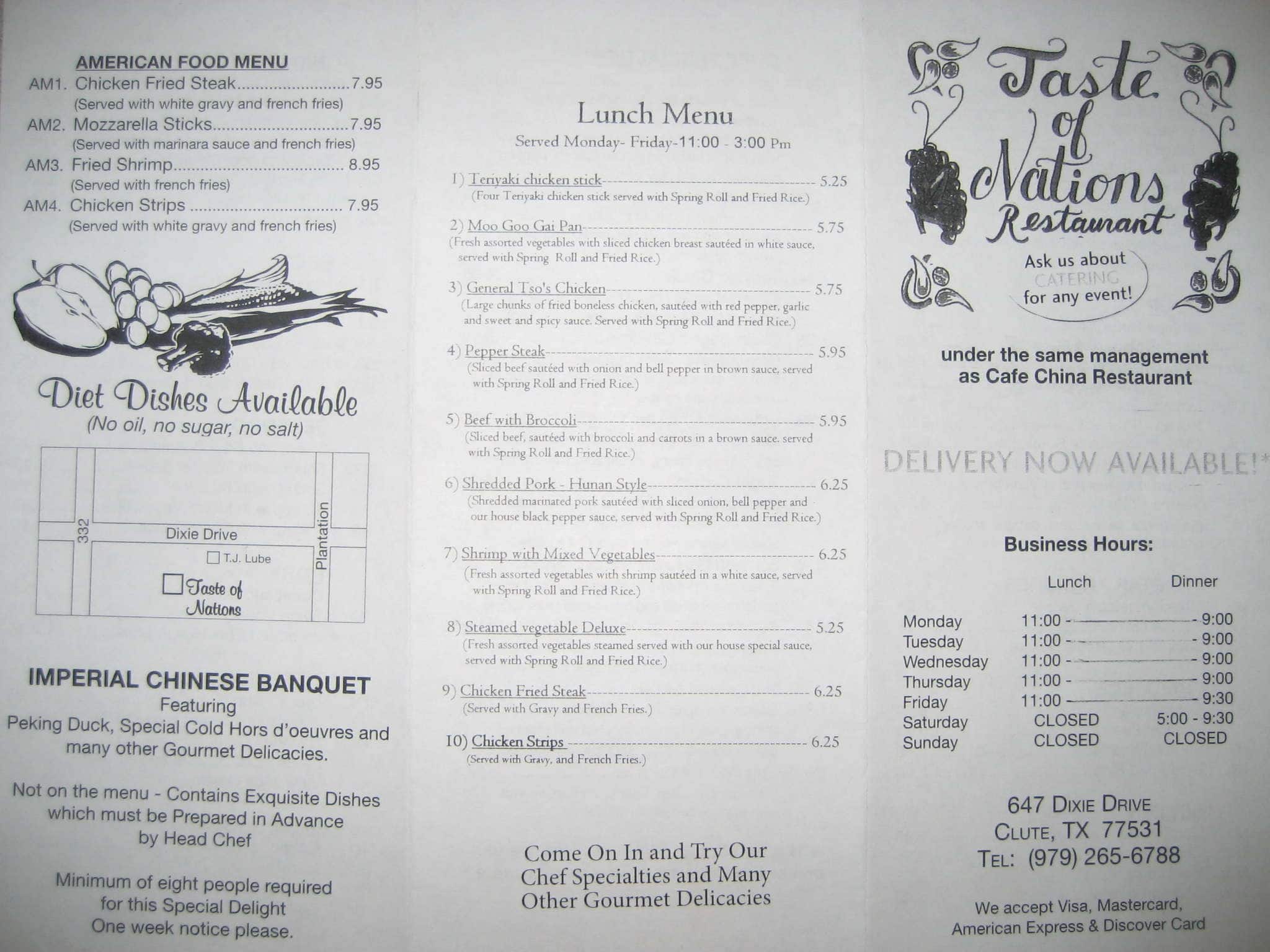 Menu at Taste Of Nations restaurant, Clute