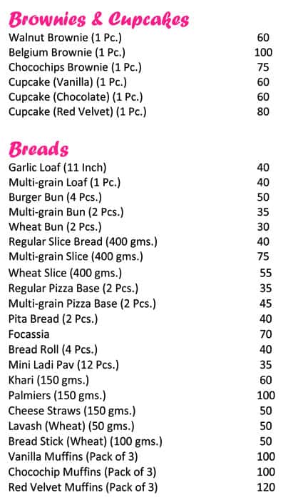 The cake studio menu