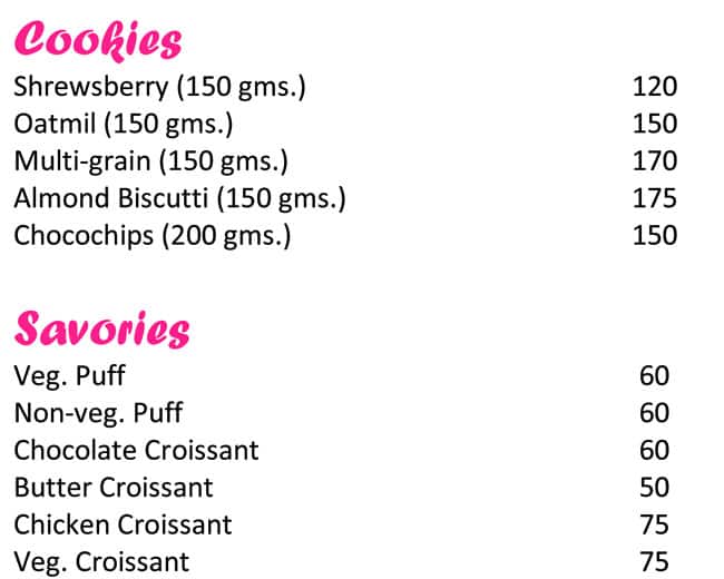 The cake studio menu